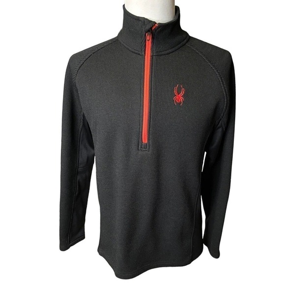 Spyder Men's 1/4 Zip Pullover, Heavyweight Black and Orange Waffle Knit Large - Picture 1 of 10